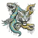 a snake a dove a tiger surrounding a dark world wit graffiti spray cans  tattoo design idea