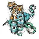a snake a dove a tiger surrounding a dark world wit graffiti spray cans  tattoo design idea