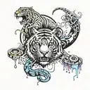 a snake a dove a tiger surrounding a dark world wit graffiti spray cans  tattoo design idea