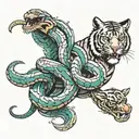 a snake a dove a tiger surrounding a dark world wit graffiti spray cans  tattoo design idea
