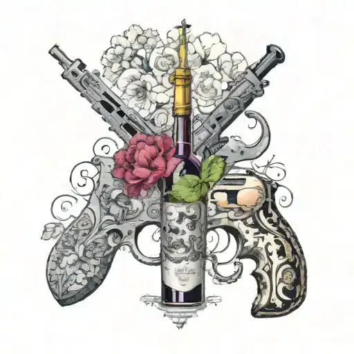 Composition of wine and weapons with carnation flowers on the sides and a map of Sicily underneath  tattoo design idea