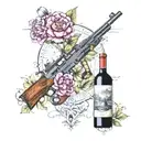 Composition of wine and weapons with carnation flowers on the sides and a map of Sicily underneath  tattoo design idea