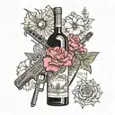 Composition of wine and weapons with carnation flowers on the sides and a map of Sicily underneath  tattoo design idea