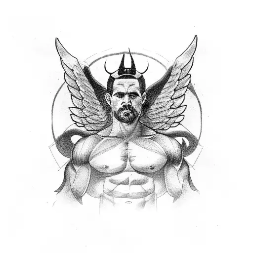 muscle  body god with horn and wings from behind tattoo design idea