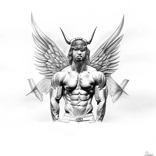 muscle  body god with horn and wings from back tattoo design idea
