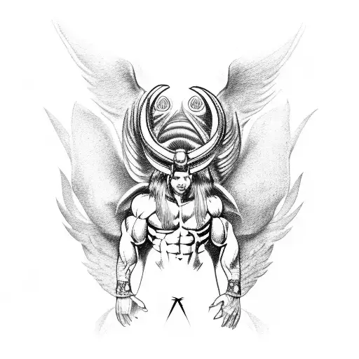 muscle god with horn and wings from behind tattoo design idea