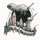 A futuristic cityscape on a space rock with construction cranes reaching for the stars tattoo design idea