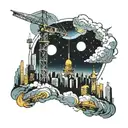 A futuristic cityscape on a space rock with construction cranes reaching for the stars tattoo design idea