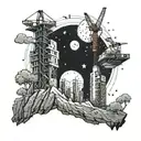 A futuristic cityscape on a space rock with construction cranes reaching for the stars tattoo design idea