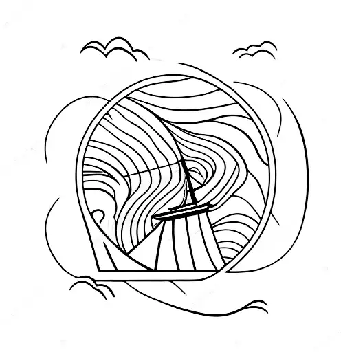 sailboat, steering wheel, ocean wave tattoo design idea