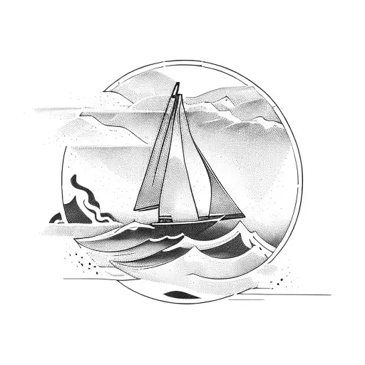 sailboat, steering wheel, ocean wave tattoo design idea