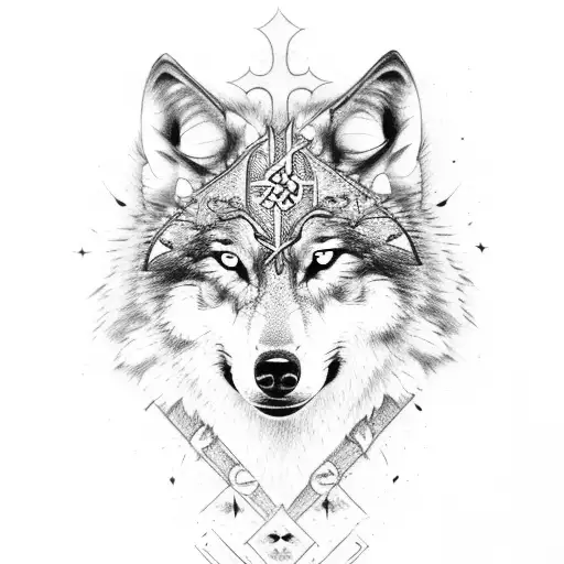 wolf with cross tattoo design idea