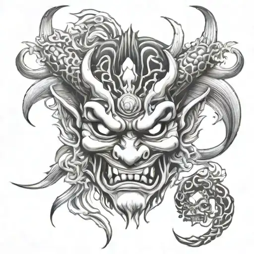 the tattoo is completely hand. fine lines. Japanese demon masks on the tattoo are "oni". There is also a Japanese kitsun tattoo design idea
