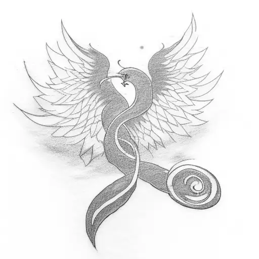 A minimalist tattoo of a treble clef symbol transforming into a phoenix, symbolizing resilience tattoo design idea