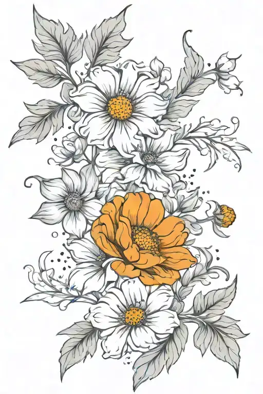 cosmos and marigold flowers intertwined tattoo design idea