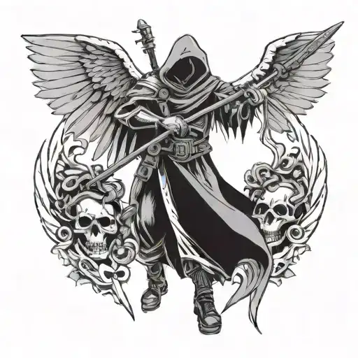 draw me a chest tattoo design of grim reapper with wings holding a scythe and grenade launcher and on the other breast a tattoo design idea