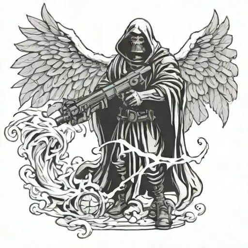 draw me a grim reapper in black robe with wings holding a grenade launcher on the other hand.make it realistic. tattoo design idea
