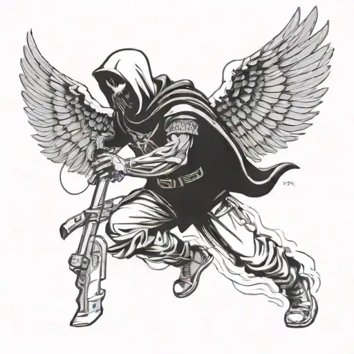draw me a full body grim reapper with wings floating in the air holding a scythe and grenade launcher.make it realistic. tattoo design idea