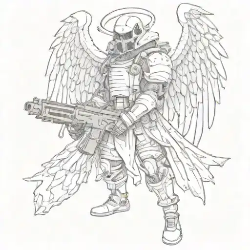 draw me a grim reapper with wings holding a grenade launcher on the other hand.make it realistic. tattoo design idea