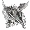 draw me a grim reapper with wings holding a scythe and grenade launcher on the other hand.make it realistic. tattoo design idea