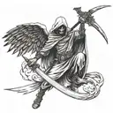 draw me a grim reapper with wings holding a scythe and grenade launcher on the other hand.make it realistic. tattoo design idea