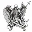 draw me a grim reapper with wings holding a scythe and grenade launcher on the other hand.make it realistic. tattoo design idea
