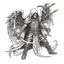 draw me a grim reapper with wings holding a scythe and grenade launcher on the other hand.make it realistic. tattoo design idea
