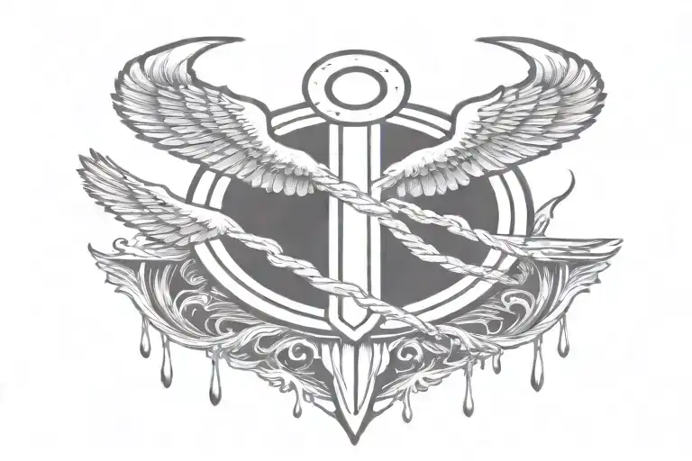 anchor, greek symbol of unity, two open wings with falling wings, flowing blood tattoo design idea
