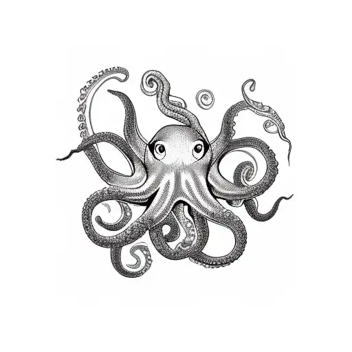 A dotwork tattoo of an octopus in space, with its tentacles morphing into binary code tattoo design idea