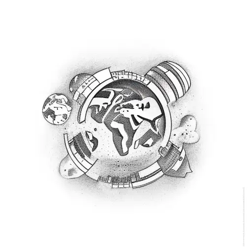 the world with money bags around it and stars and a rocketship and cash falling in the background and bombs tattoo design idea