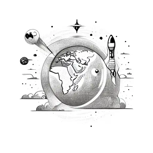 the world with money bags around it and stars and a rocketship and cash falling in the background and bombs tattoo design idea