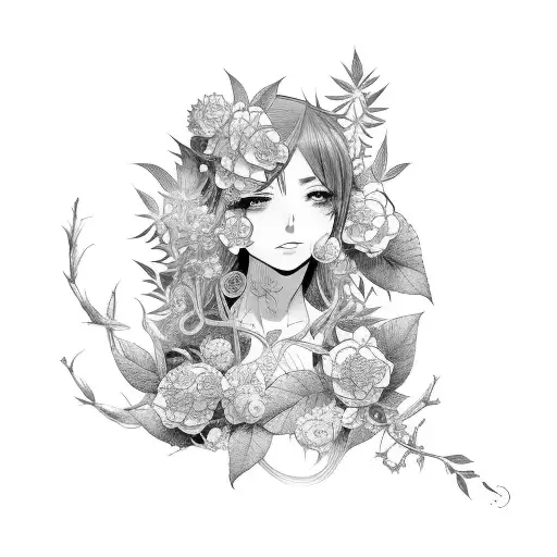A botanical tattoo featuring tea leaves and plants intertwined with anime elements tattoo design idea