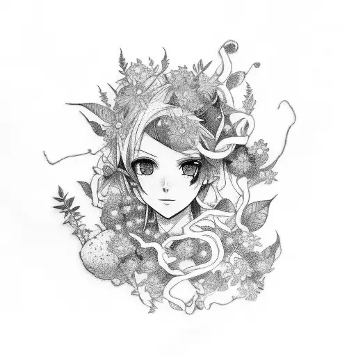 A botanical tattoo featuring tea leaves and plants intertwined with anime elements tattoo design idea