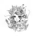 A botanical tattoo featuring tea leaves and plants intertwined with anime elements tattoo design idea