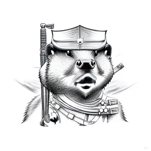 beaver holding an rpg with a bandolier around its chest wearing a military helmet tattoo design idea