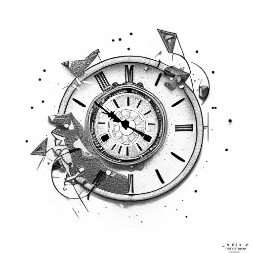 broken clock with falling pieces from it. make it look like a tattoo. remive the pen . add text "memento mori" in the cl tattoo design idea