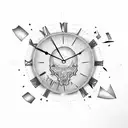 broken clock with falling pieces from it. make it look like a tattoo. remive the pen . add text "memento mori" in the cl tattoo design idea