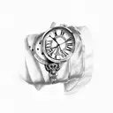 broken watch with "memento mori" text tattoo design idea