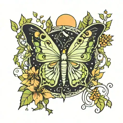 lunar moth with vines and stars and moons wrapped around the knee tattoo design idea