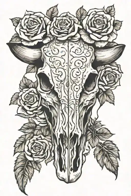 western cow skull with roses tattoo design idea