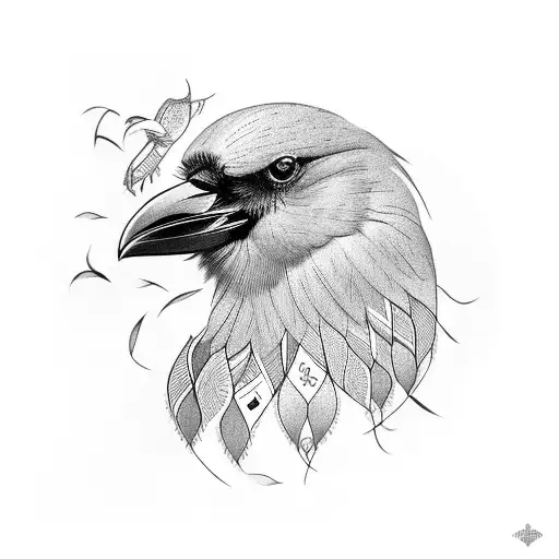A crow with intricate book binding patterns on its feathers tattoo design idea
