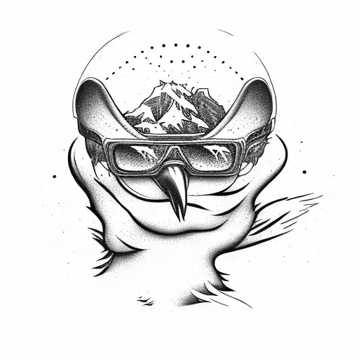 Bird snowboarding downhill losing his sunglasses tattoo design idea