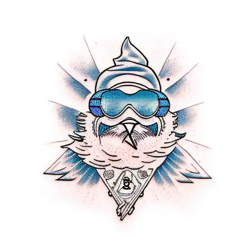 Bird snowboarding downhill losing his sunglasses tattoo design idea