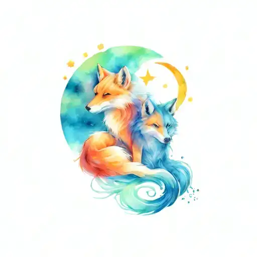 wolf and fox curled with sun and moon surrounded tattoo design idea