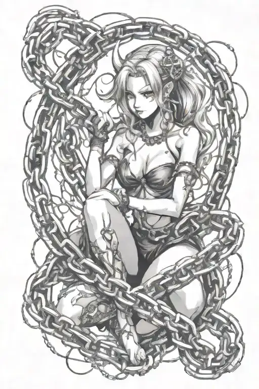 Demoness entwined in chains breaking and bursting, dark background. piercing eyes  tattoo design idea