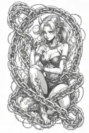 Demoness entwined in chains breaking and bursting, dark background. piercing eyes  tattoo design idea
