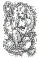 Demoness entwined in chains breaking and bursting, dark background. piercing eyes  tattoo design idea