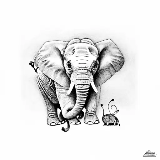 baby elephant with butterfly sitting on trunk tattoo design idea