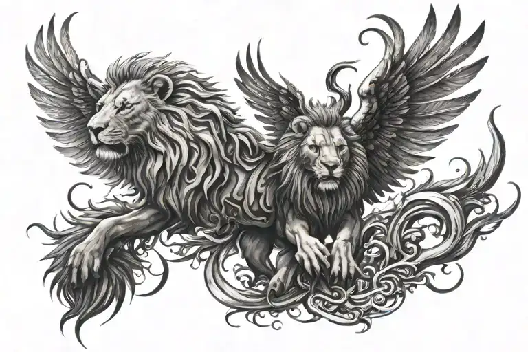 bloody lion and phoenix tattoo design idea