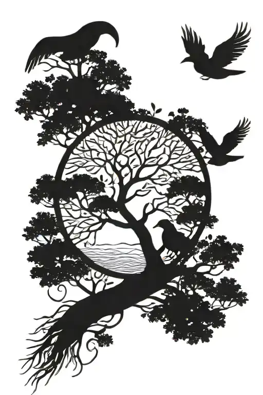 tree of life peace freedom with birds reflecting love and purity on the coast tattoo design idea